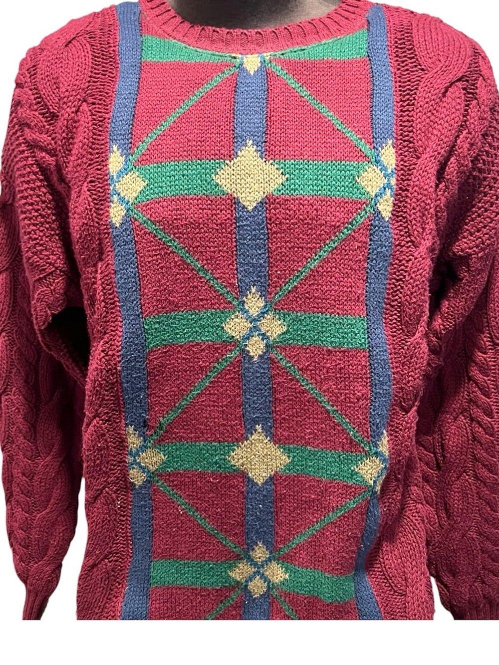 Vtg Lobo by Pendleton dark red knit sweater geometric green and blue Large - Picture 2 of 8